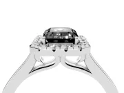 Fancy Black Emerald Cut Halo Round Diamond Solitaire Ring Set in Silver with Pavé Band and Prong Setting