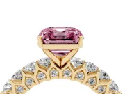 Fancy Pink Asscher Cut Diamond Solitaire Ring Set in Yellow gold with Shared Prong Pavé Band