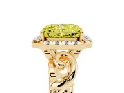 Fancy Yellow Radiant Cut Diamond Halo Ring Set in Yellow gold with Scrollwork Band and Prong Setting