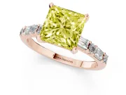 Fancy Yellow Princess Cut Diamond Solitaire Set in Rose gold with Side Baguettes and Channel Set Band