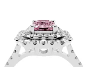 Fancy Pink Emerald Cut Diamond Double Halo Statement Ring Set in White gold with Pavé Band
