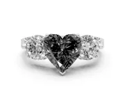 Fancy Black Heart Cut Diamond Three-Stone Ring Set in White gold with Milgrain Band