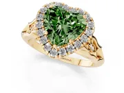 Fancy Green Heart Cut Diamond Halo Engagement Ring Set in Yellow gold with Filigree Band and Prong-Set Center