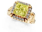 Fancy Yellow Princess Cut Diamond Halo Ring Set in Yellow gold with Scrollwork Band and Prong Setting