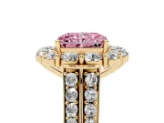 Fancy Pink Radiant Cut Diamond Halo Engagement Ring Set in Yellow gold with Split Shank and Prong Setting