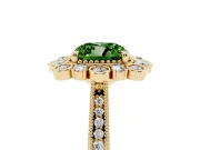 Fancy Green Cushion Cut Diamond Halo Milgrain Pavé Ring Set in Yellow gold with Prong Setting