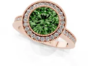 Fancy Green Round Cut Diamond Halo Engagement Ring Set in Rose gold with Pavé Band and Round Halo Stones