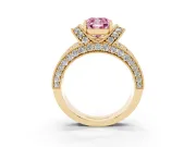 Fancy Pink Cushion Cut Diamond Milgrain Halo Pavé Engagement Ring Set in Yellow gold with Prong Setting
