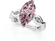 Fancy Pink Marquise Cut Diamond Twist Band Solitaire Ring Set in White gold with Leaf Prong Setting and Accent Stones