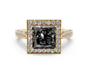 Princess Cut Milgrain Halo Engagement Ring Setting for a Black Center | Side Stones | Yellow Gold