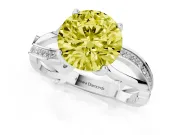 Fancy Yellow Round Cut Diamond Pavé Twist Band Solitaire Ring Set in White gold with Prong Setting