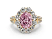 Fancy Pink Oval Cut Diamond Halo Engagement Ring Set in Yellow gold with Split Shank and Prong Setting