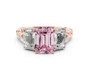 Fancy Pink Emerald Cut Diamond Three-Stone Ring Set in Rose gold with Braided Band