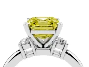 Fancy Yellow Three-Stone Asscher Cut Diamond Ring Set in Platinum with Prong Setting and Plain Band
