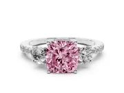 Cushion Cut Three Stone Engagement Ring Setting for a Fancy Pink Lab-Grown Diamond | Pave Shoulders | Sterling Silver