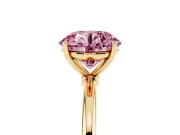 Fancy Pink Round Cut Diamond Solitaire Engagement Ring Set in Yellow gold with Thin Band and Prong Setting
