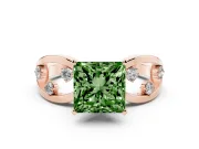 Fancy Green Princess Cut Diamond Solitaire Ring Set in Rose gold with Side Stones on Criss-Cross Band and Prong Setting
