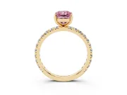 Fancy Pink Radiant Cut Diamond Pavé Solitaire Ring Set in Yellow gold with Round Band and Prong Setting