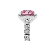 Fancy Pink Cushion Cut Diamond Halo Engagement Ring Set in Silver with Pavé Band and Prong Setting