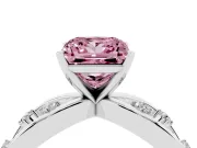 Fancy Pink Princess Cut Diamond Solitaire Ring Set in Platinum with Side Stones on Criss-Cross Band and Prong Setting
