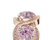 Round Three Stone Halo Engagement Ring Setting for a Fancy Pink Lab-Grown Diamond | Pavé Wave Band | Rose Gold