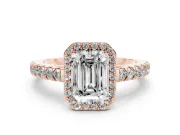 Emerald Cut Diamond Halo Engagement Ring Set in Rose gold with Pavé Band and Prong Setting