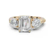 Emerald Cut Three Stone Engagement Ring Setting | Tapered Pave Band | Yellow Gold