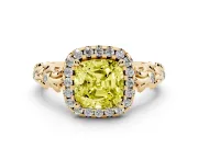 Cushion Cut Leaf Halo Engagement Ring Setting for a Fancy Yellow Lab-Grown Diamond | Bezel Accents | Yellow Gold