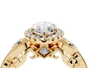 Marquise Cut Diamond Halo Ring Set in Yellow gold with Milgrain Pavé Band and Prong Setting