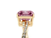 Fancy Pink Asscher Cut Diamond Solitaire Twisted Pavé Ring Set in Yellow gold with Prong Setting