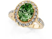 Fancy Green Oval Cut Diamond Halo Ring Set in Yellow gold with Pavé Shank and Prong Setting