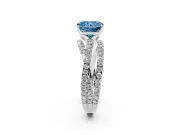 Fancy Blue Radiant Cut Diamond Solitaire Twist Band Ring Set in White gold with Pavé Setting and Prong Head