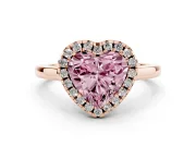 Fancy Pink Heart Cut Halo Round Diamond Solitaire Ring Set in Rose gold with Pavé Band and Prong Setting