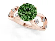 Fancy Green Round Cut Diamond Solitaire Ring Set in Rose gold with Side Stones on Criss-Cross Band and Prong Setting
