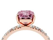 Fancy Pink Radiant Cut Diamond Pavé Solitaire Ring Set in Rose gold with Round Band and Prong Setting