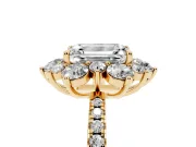 Emerald Cut Diamond Floral Halo Ring Set in Yellow gold with Round Pavé Band and Prong Setting