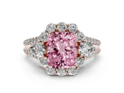 Fancy Pink Radiant Cut Diamond Halo Split Shank Engagement Ring Set in Rose gold with Prong-Held Center Stone