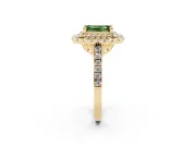 Fancy Green Emerald Cut Diamond Double Halo Statement Ring Set in Yellow gold with Pavé Band