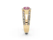 Fancy Pink Cushion Cut Diamond Halo Ring Set in Yellow gold with Pavé Split Shank and Prong Setting