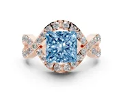 Fancy Blue Princess Cut Diamond Solitaire Twist Band Pavé Engagement Ring Set in Rose gold