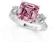 Fancy Pink Three-Stone Asscher Cut Diamond Pavé Band Ring Set in Silver with Prong-Set Trio