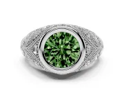 Fancy Green Round Cut Diamond Bezel Ring Set in Platinum with Milgrain Accent Band