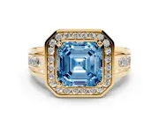 Asscher Cut Halo Engagement Ring Setting for a Fancy Blue Lab-Grown Diamond | Channel-Set Split Shank | Yellow Gold