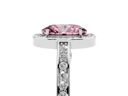 Fancy Pink Oval Cut Diamond Halo Pavé Split Shank Ring Set in Platinum with Prong Setting