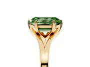Fancy Green Emerald Cut Diamond Solitaire Ring Set in Yellow gold with Polished Tapered Band and Prong Setting