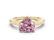 Fancy Pink Heart Cut Diamond Solitaire Ring Set in Yellow gold with Prong Setting and Classic Band