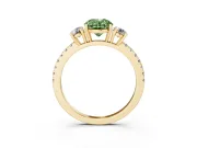 Fancy Green Oval Cut Diamond Three-Stone Ring Set in Yellow gold with Pavé Band and Graduated Sides