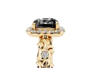 Cushion Cut Leaf Halo Engagement Ring Setting for a Black Center | Bezel Accents | Yellow Gold