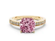 Fancy Pink Cushion Cut Diamond Pavé Band Prong Set Solitaire Ring Set in Yellow gold