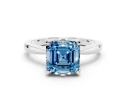 Fancy Blue Asscher Cut Diamond Solitaire Engagement Ring Set in White gold with Slim Tapered Solitaire Band